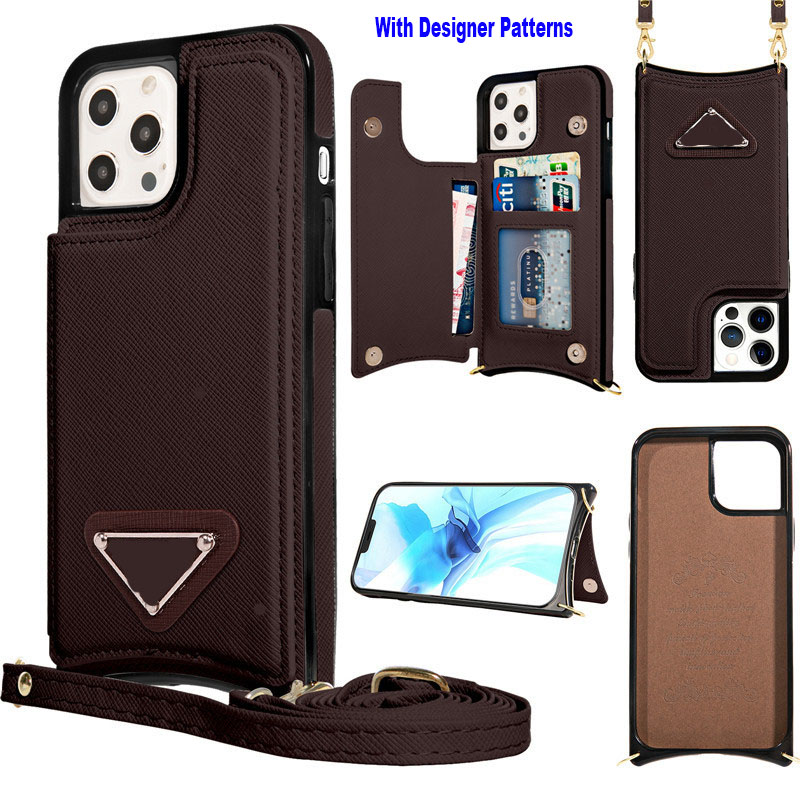 Lyxiga designerplånboksfodral Crossbody för iPhone 13 Pro Max 14Plus med nyckelband Kreditkortshållare PU-läder Skyddshandväska Dragkedja Handväska Kickstandsskydd