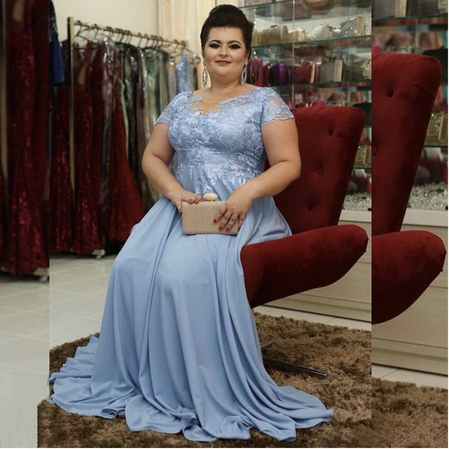 Sky Blue Lace Chiffon Long Mother of the Bride Dress Plus Size Short Sleeve Formal Occasion Evening Gowns Morther of Groom