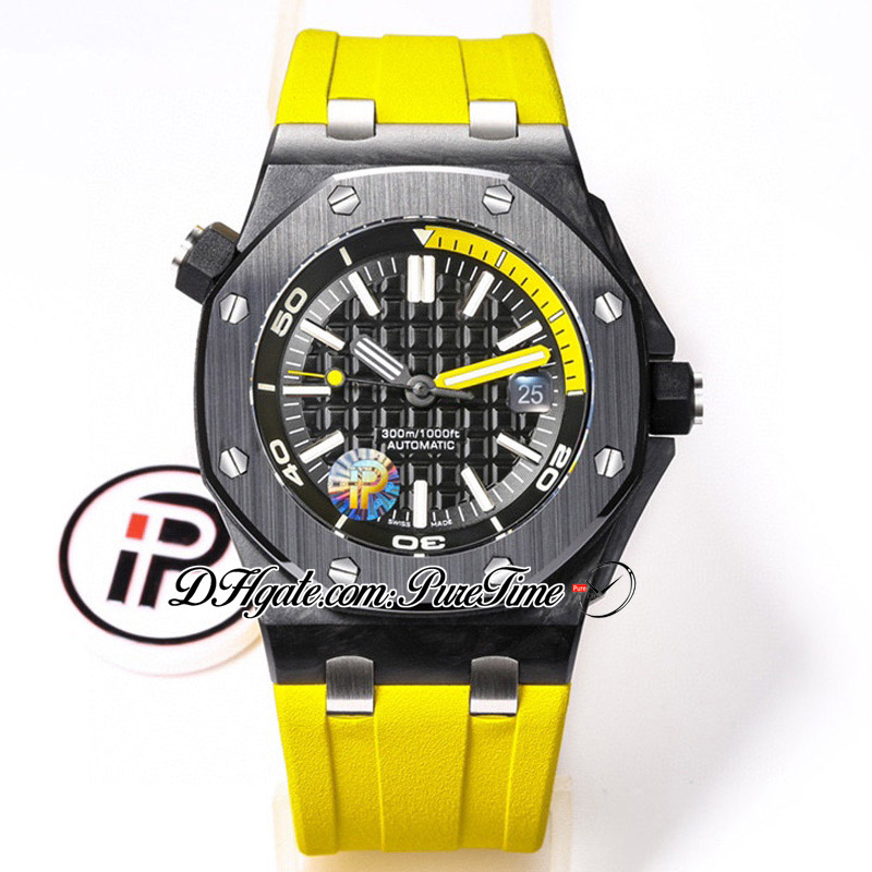 IPF 1570 Forged Carbon A3120 Automatic Mens Watch 42mm Black Textured Dial Stick Markers Yellow Rubber Strap Super Edition Watches Puretime D4