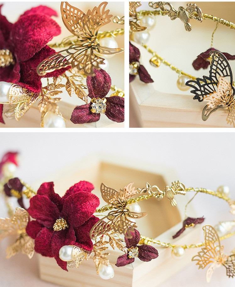 Gold Strass Perle Braut Kopfschmuck Stirnband Retro Rote Blumen Frauen Krone und Tiaras Kopfbedeckung Haarschmuck Schmuck Für Hochzeit Geburtstag Party CL1510