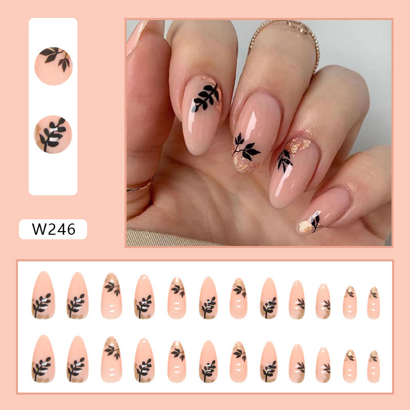 French Nails Full Cover Press on Nails Art Almond Wearable Diy Short Simple Nail With White Side Glitter Pattern Design