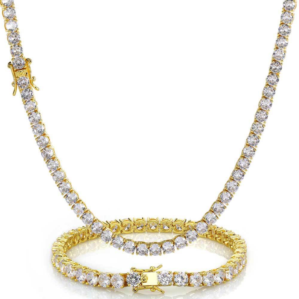 Collar de pulseras de Hip Hop Juego de joyas Cadenas de tenis Hombres Mujeres Diamantes Diamantes de 18K REAL ORO REAL CHOLADO