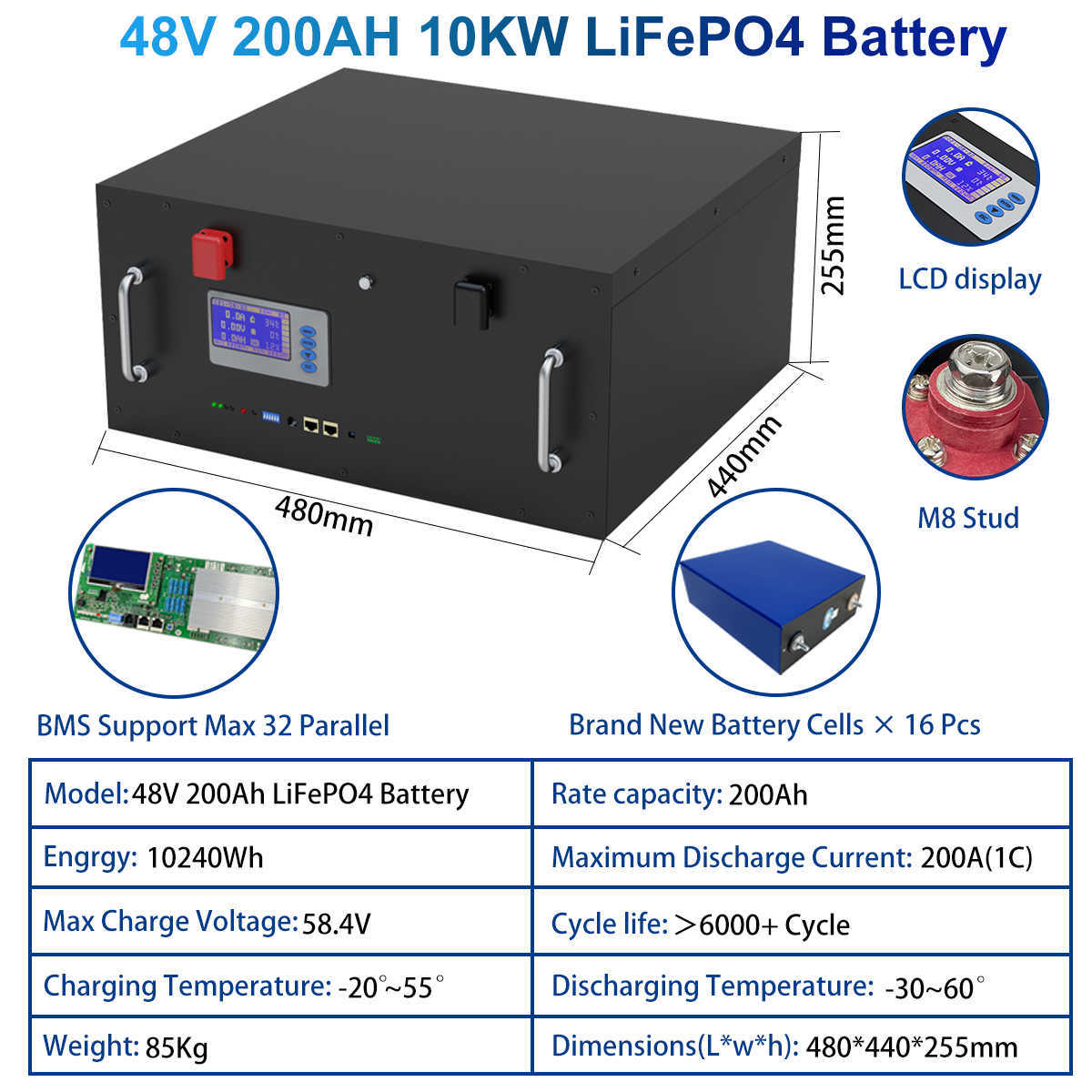 48V LIFEPO4 Batteri 200AH 100AH ​​10KW 5KW LITIUM JON BATTERY PACK 200A BMS 32 PARELLEL 6000 Cycle Can Rs485 för energilagring