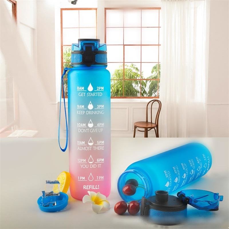 Bunte 1L Kunststoff Sport Outdoor Wasserflasche mit Zeitskala Erinnerung Farbverlauf 1000ml Wasserflasche GYM Krug Tasse Kunststoff Trinkflaschen