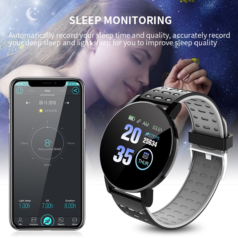 119 Plus Smart Watch Men Women Blood Pressure Waterproof Sport Round Smartwatch Smart Clock Fitness Tracker For Android IOS