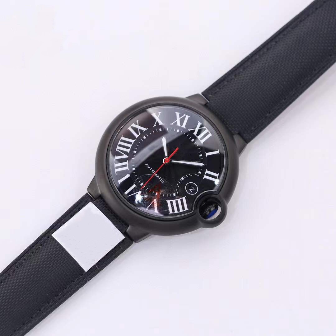 有名な男性機械2824自動腕時計ブラックキャンバスカレンダーウォッチローマナンバークロック男性サファイアガラス時計42mm