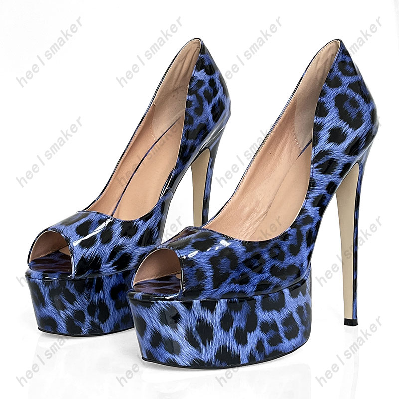Tallón de talla nueva llegada de las bombas Patentes Patentes Slip sobre Peep Toe Sexy Stiletto Heels Sky Blue Leopard Shoes Ladies Us Plus Tamaño 5-20