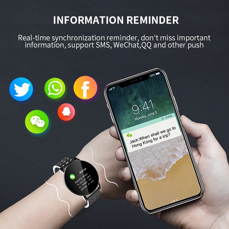 119 Plus Smart Watch Men Women Blood Pressure Waterproof Sport Round Smartwatch Smart Clock Fitness Tracker For Android IOS