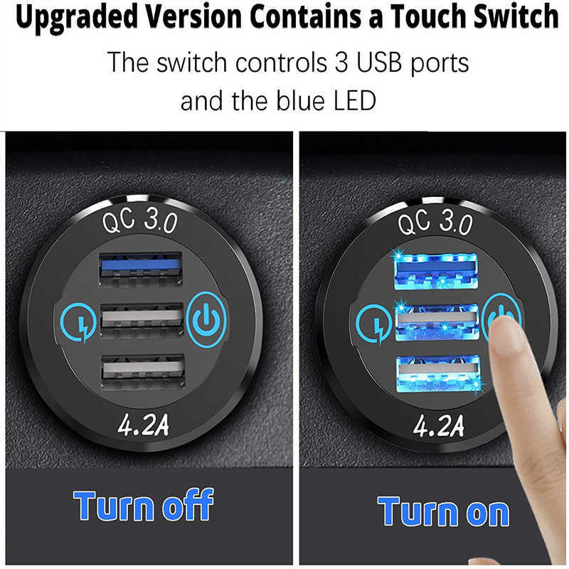 Новый QC3.0 Triple Ports USB -автомобильный зарядной зарядное устройство розетки с сенсорным выключателем для автомобильного грузовика Marine Boat RV