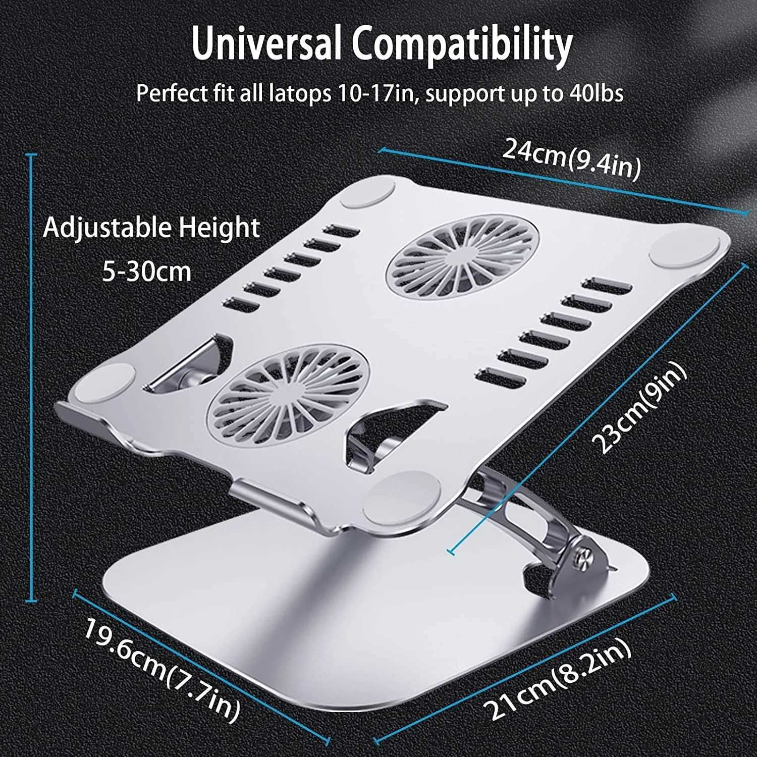 Supporto computer portatile auto Supporto computer regolabile in alluminio con ventola di raffreddamento USB e rialzo ergonomico con angolo di altezza e sfiato termico