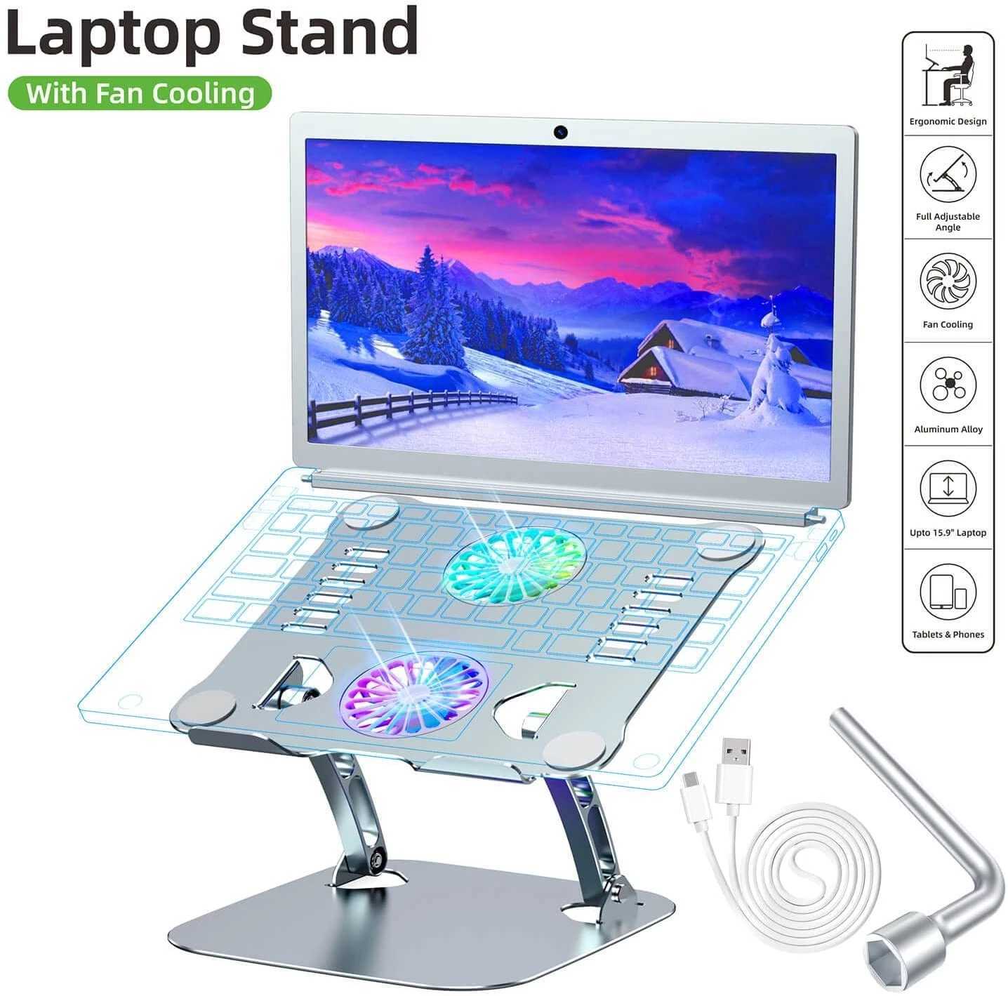 Stoisko laptopa samochodowego Regulowane aluminiowe stojak komputerowy z wentylatorem chłodzenia USB i podgrzewaczem ergonomicznym kątem kąt