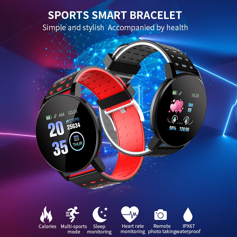 119plus vattentätt smart armband blodtrycksmätare sport runda smart klockklocka fitness tracker