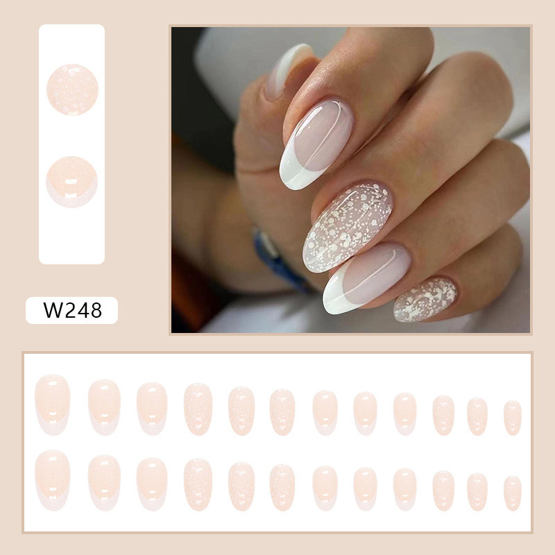 French Nails Full Cover Press on Nails Art Almond Wearable Diy Short Simple Nail With White Side Glitter Pattern Design