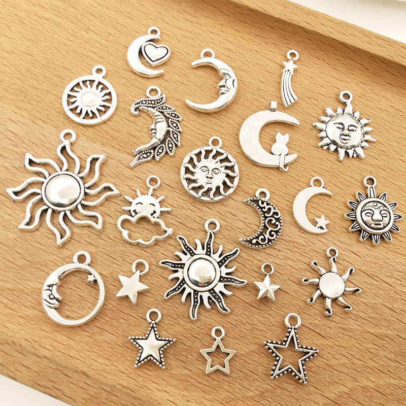 Charms for Keychain Necklace Bracelet Jewelry Making Supplies Vintage Silver Color Pendant Moon Sun Findings & Components Acessories Christmas Gift Wholesale