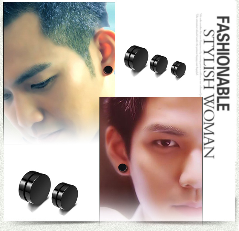 Punk Fake Mens Stud Earrings Black Silver Stainless Steel Magnet Round Ear Clip for Men Women Mix size 6mm 10mm 12mm