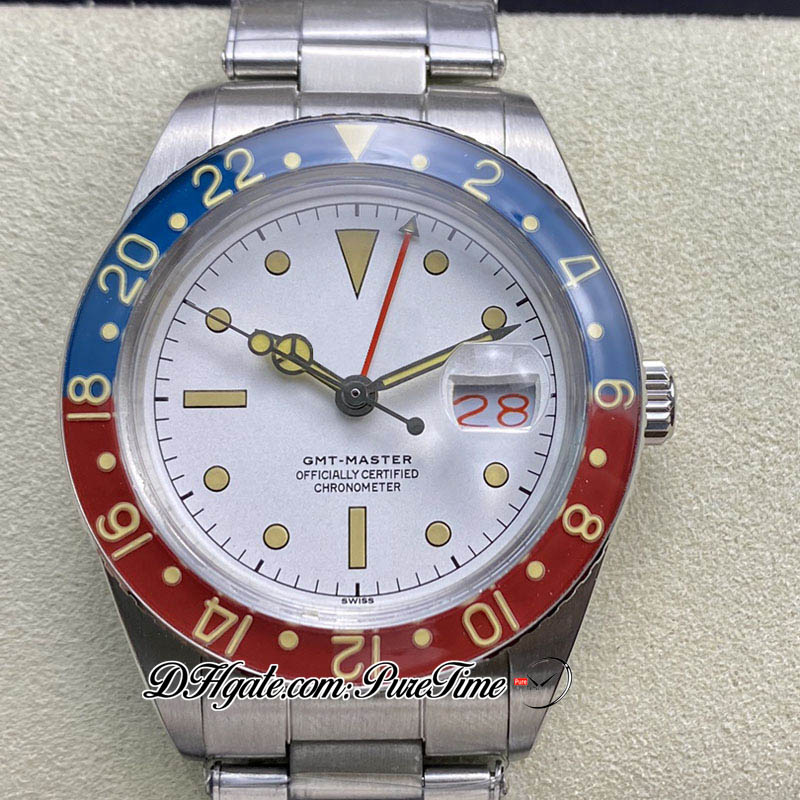 TWF 6542 Vintage GMT A2836 Automatik-Herrenuhr, 38 mm, Pepsi-Lünette, weißes Stick-Zifferblatt, roter Kalender, Oystersteel-Edelstahlarmband, Super Edition Puretime C3