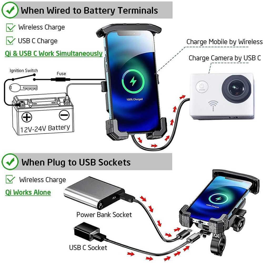 Voiture 2022 mise à niveau 12V moto support de téléphone 20W type C PD chargeur rapide 15W chargeur sans fil support de berceau pour téléphone portable 4.0-7.0