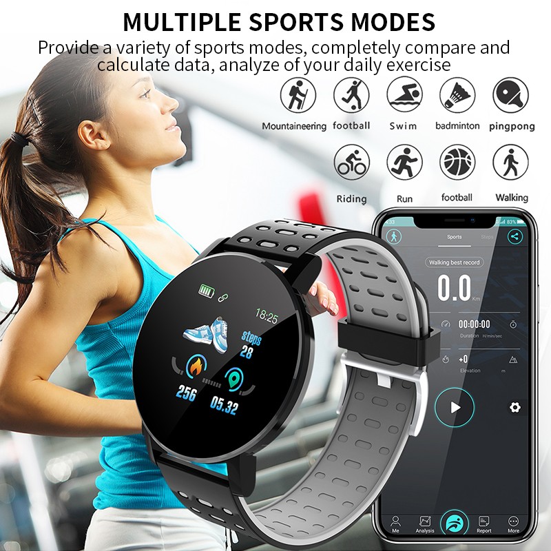 Reloj inteligente 119 Plus para hombres y mujeres, presión arterial, resistente al agua, deportivo, redondo, reloj inteligente, rastreador de actividad física para Android IOS