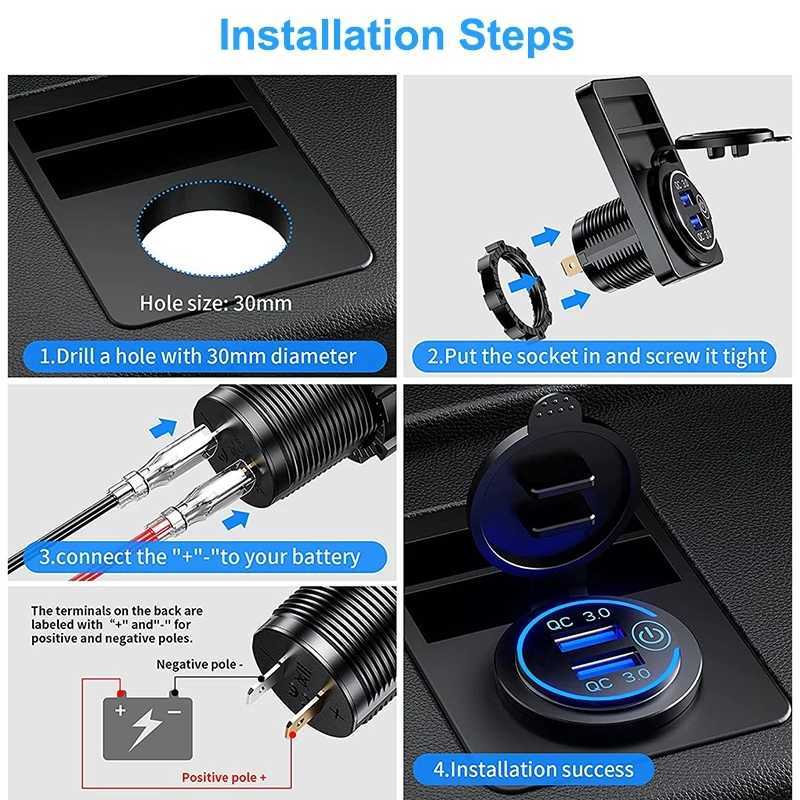 자동차 빠른 충전 3.0 듀얼 USB 빠른 자동차 충전기 소켓 액세서리 방수 12V/24V QC3.0 전원 출구 터치 스위치 LED 조명