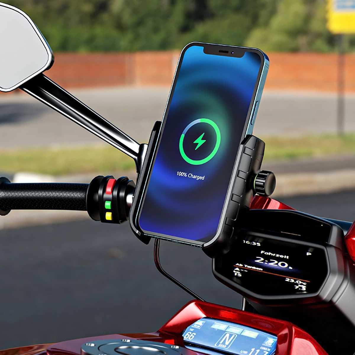Car Motorcycle Phone Holder with Qi 15W Wireless Charger USB C 20W Fast Charging Waterproof Mirror Handlebar Bike Cellphone Mount