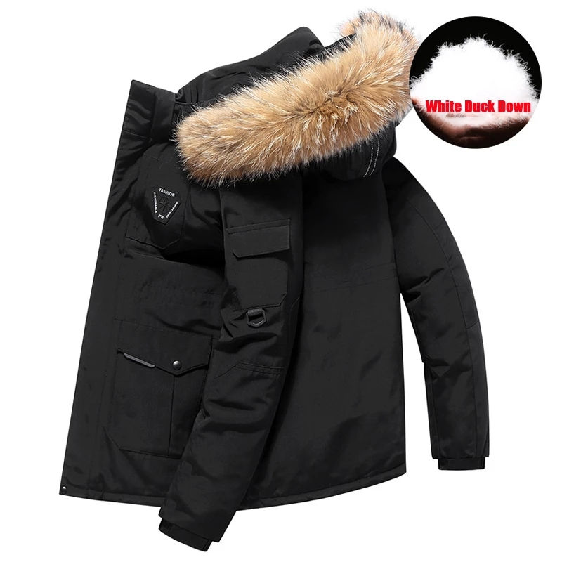 Winter Warme Paar Unten Jacke frauen Weiße Ente Unten Parkas Mantel Mode Große Pelz Kragen Dicke Schnee Windjacke Mann