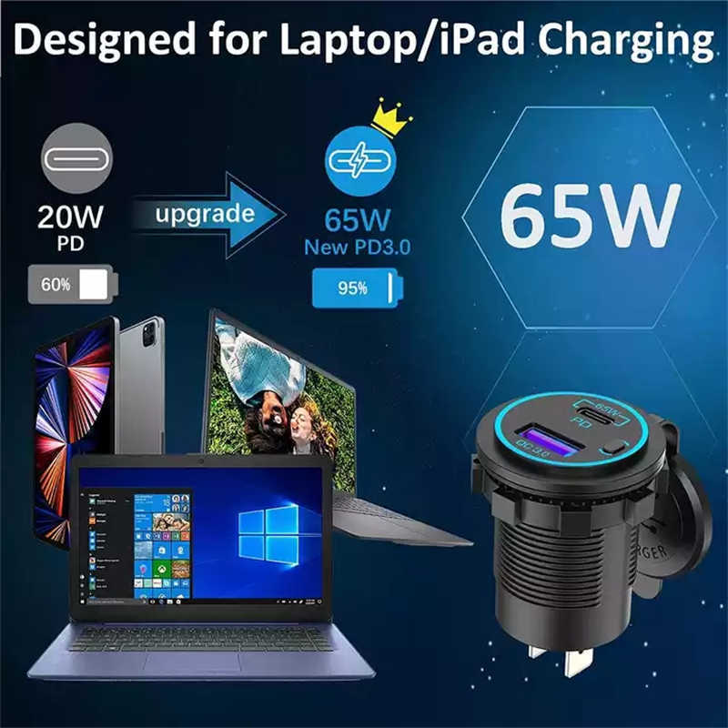 Caricabatterie laptop con presa USB da 83 W 12 V 65 W USB-C PD3.0 18 W QC3.0 Presa porta USB multi-auto impermeabile con interruttore di alimentazione auto camper