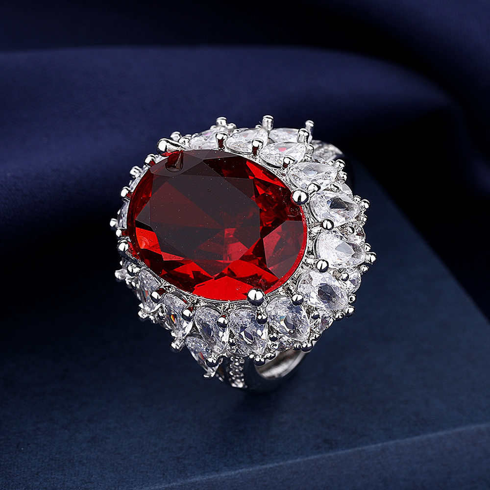Flickor Red Zircon Diamond White Gold Plated Ring European och American Style Sweet Wedding Jewelry Birthday Present justerbar