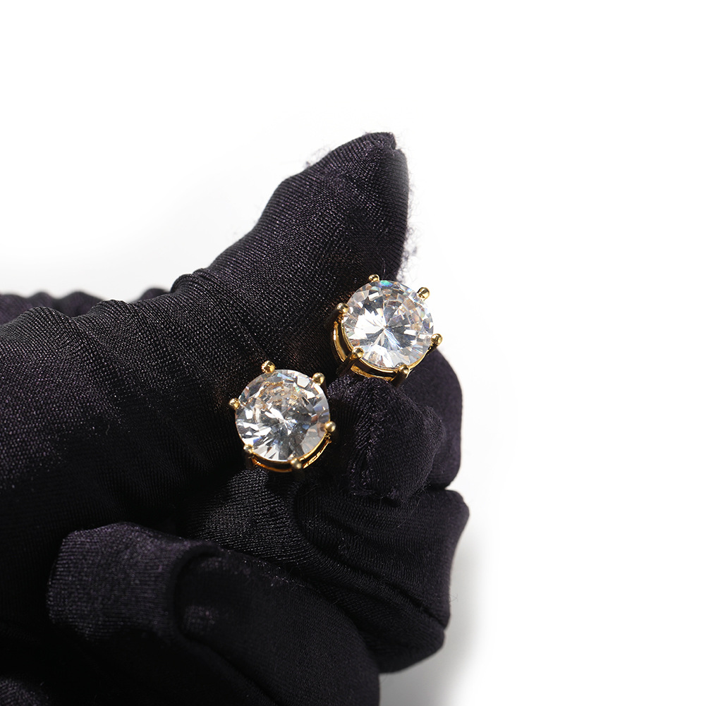 10mm Hip Hop Stud Earrings S925 Silver Needle Simulated Diamond 18K Real Gold Rock Rapper Jewelry