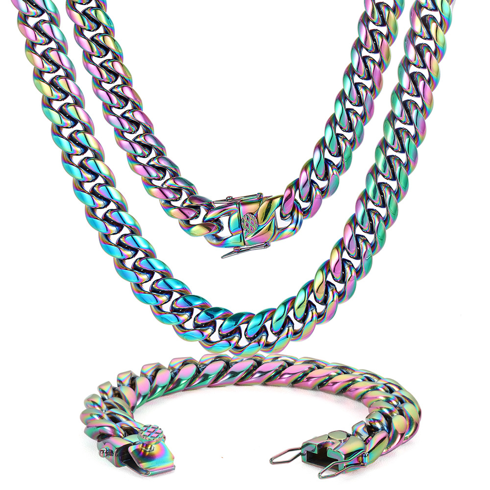 Cuban Link Chain ketting armband sieraden set 18k echt goud vergulde roestvrijstalen Miami ketting met designveergespoel