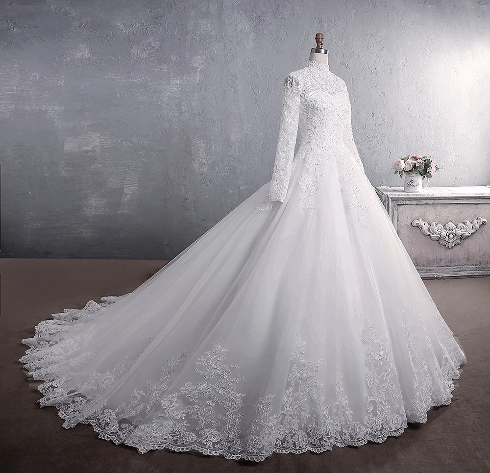 Robe de mariée musulmane 2022 élégante col haut princesse robes de mariée cristal perlé luxe dentelle broderie robe de mariée robe de Noiva