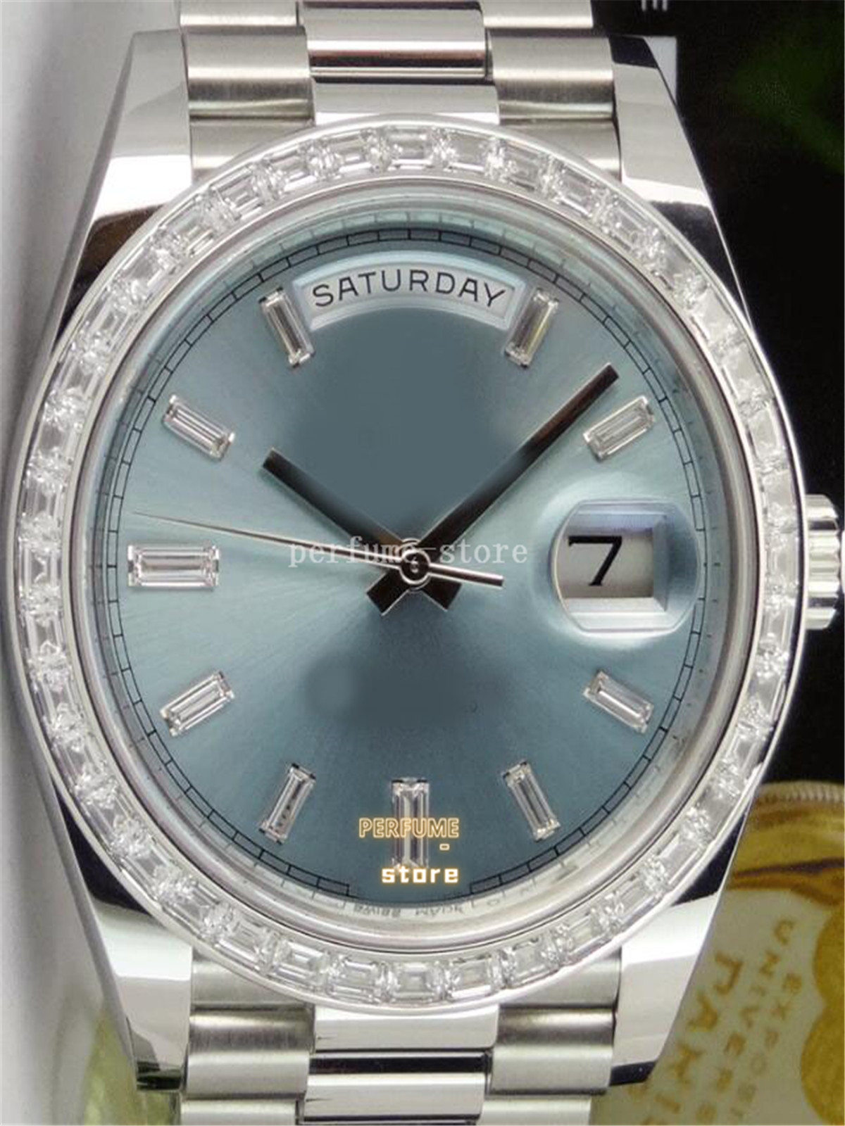 Relógio de pulso de luxo 40mm Platinum Day Date 40 President Ice Blue Diamond 228396 Relógio automático masculino246I