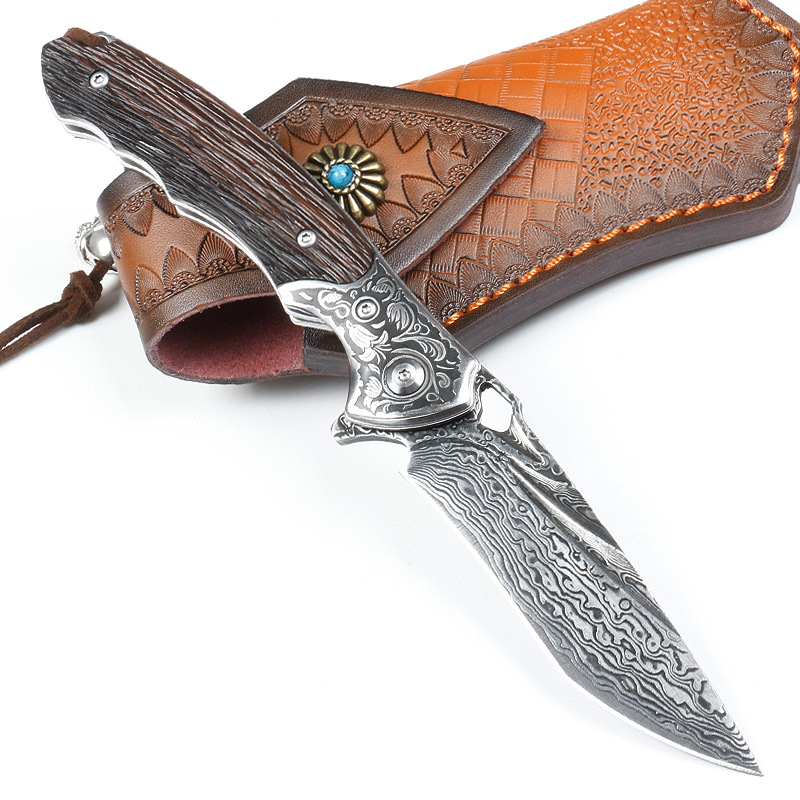 Kolekcja składania Flippera Damascus nóż vg10 Damascus Blade rzeźbia stalowa głowa heban rączka na zewnątrz kempingowe noże kieszonkowe