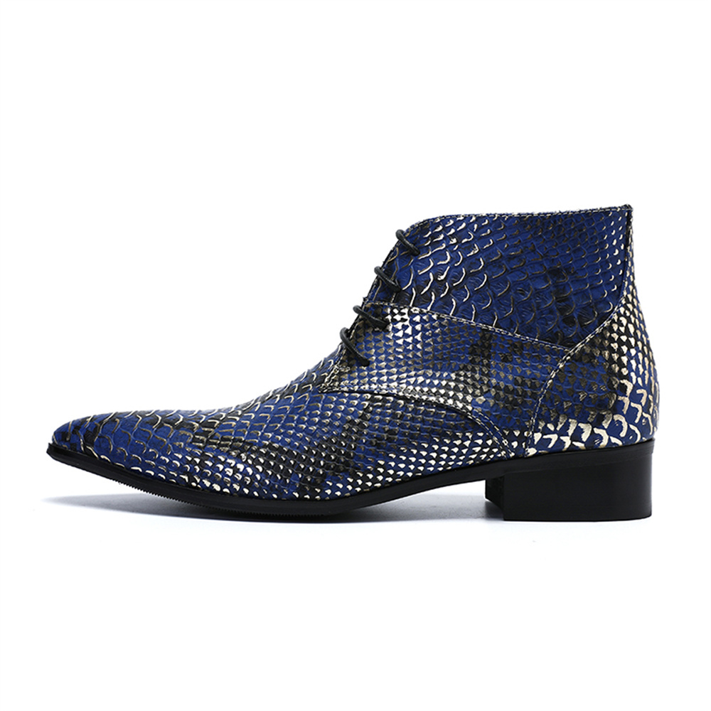 Python Pattern Print Men Club Party Dress Boots Cuir véritable bout pointu Bottines à lacets