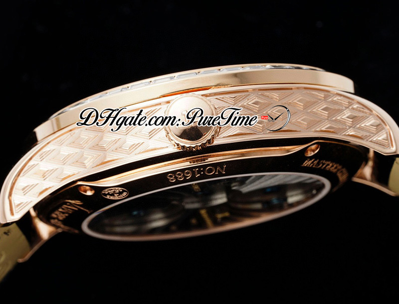 Мастер Гранде Традиция Механическая ручная обмотка мужские часы rmsf Rose Gold 43 Блиллианты Baguette Blue Revolves Dial Black Leather Super Edition Watches B2
