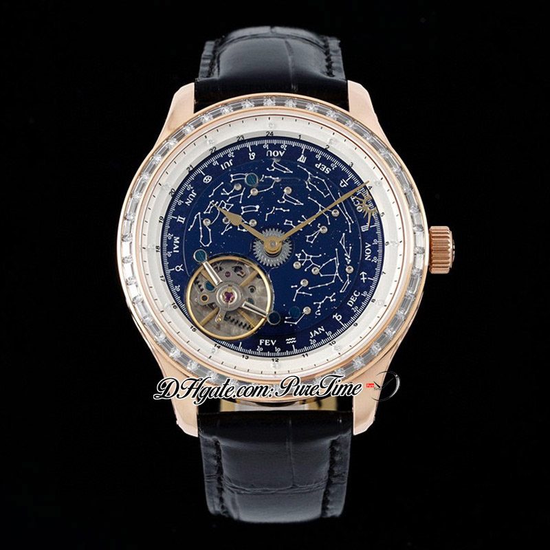 Montre Homme Master Grande Tradition Mécanique à Remontage Manuel RMSF Or Rose 43 Diamants Baguette Cadran Bleu Revolves Cuir Noir Super Edition Montres Puretime B2