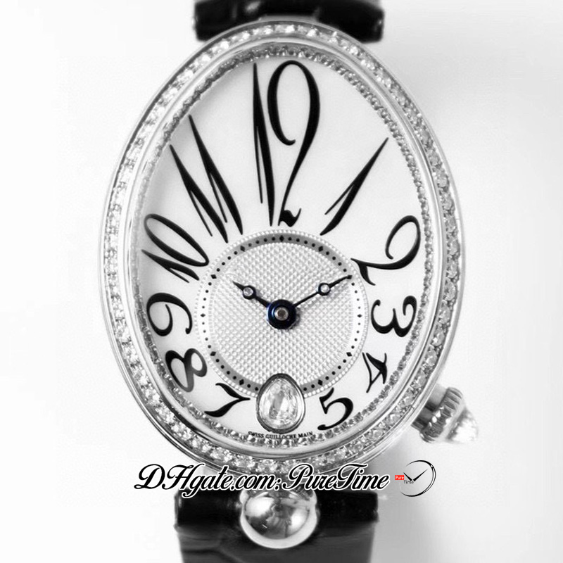 Reine de Naples 8918BB A537 Orologio automatico da donna TWF Diamanti Lunetta MOP Quadrante argento strutturato Numero Tessuto nero Pelle Super Edition Orologi da donna Puretime A1