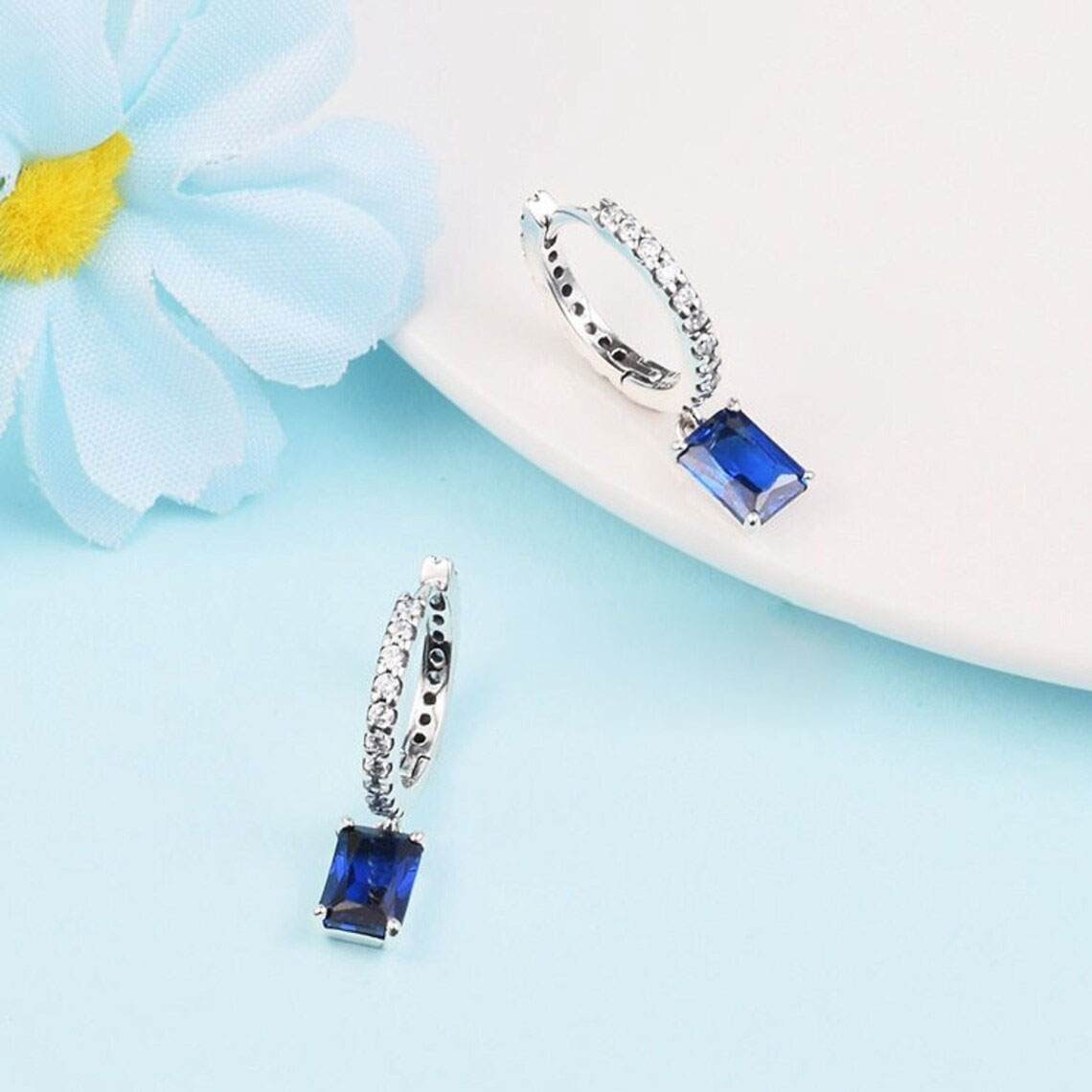 925 Sterling Silver Blue Rectangular Sparkling Hoop Earrings Fits European Pandora Style Jewelry Fashion Earrings