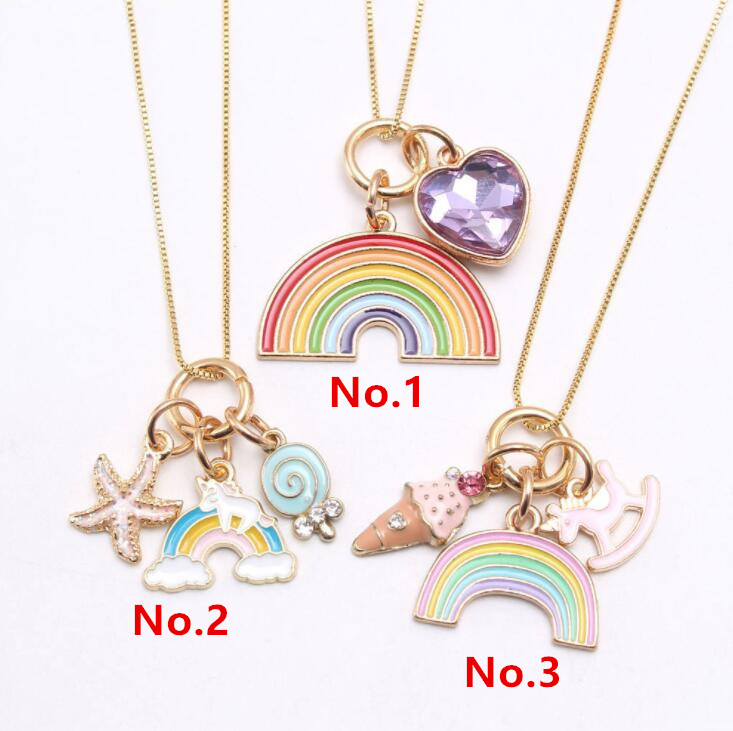 Cartoon Colorful Rainbow Heart Starfish Unicorn Pendants Necklace Kids Girls Charming Pendant Long Chain Necklace Cute Jewelry For Christmas Gifts