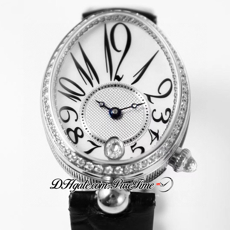 Reine de Naples 8918BB A537 Orologio automatico da donna TWF Diamanti Lunetta MOP Quadrante argento strutturato Numero Tessuto nero Pelle Super Edition Orologi da donna Puretime A1