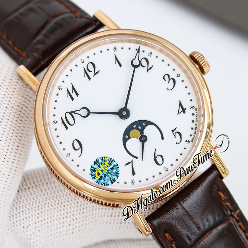 TWF Classique Dame 9087BB A770 Automatic Mens Watch Moon Phases Rose Gold White Textured Dial Number Markers Brown Leather Strap Super Edition Watches Puretime D4