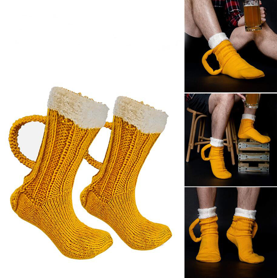 Party Supplies 3D Beer Mug Socks Cute Unisex Funny Novelty Yellow Knit Socks Winter Warm Thick golvstrumpa för män Kvinnor Julgåva