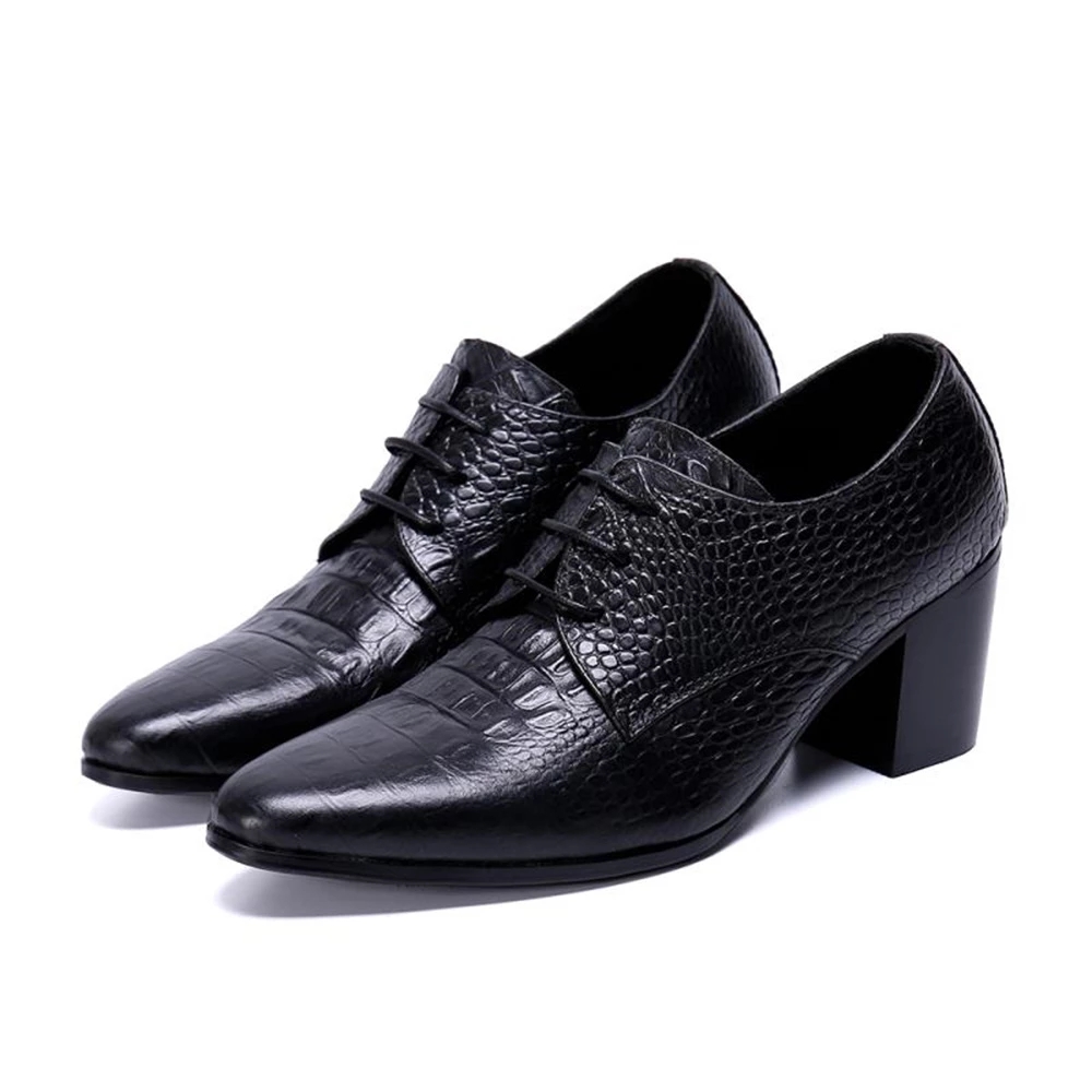 Plus Size 37-46 Mens Leather Shoes High Heels Black Snake Skin Oxford Lace Up Derby Office Dress Shoes