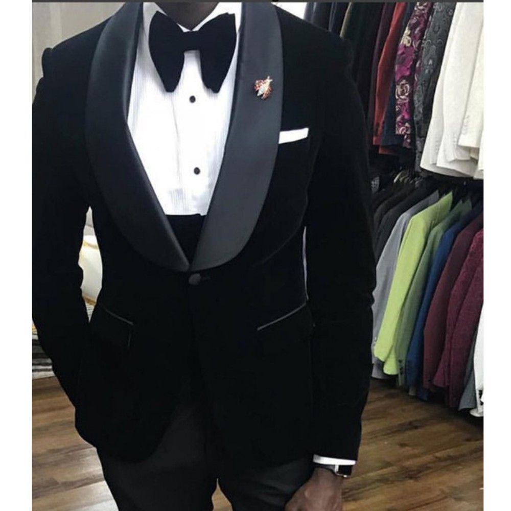 Klassiek zwart fluwelen bruiloft Tuxedo 3 -delige Afrikaanse mannen Pakken voor winter slanke fit bruidegom mannelijk mode kostuum jasje vest met broek