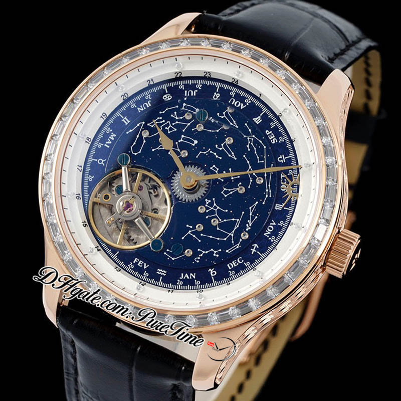 Orologio da uomo meccanico a carica manuale Master Grande Tradition RMSF oro rosa 43 diamanti baguette quadrante blu girevole orologi Super Edition in pelle nera Puretime B2