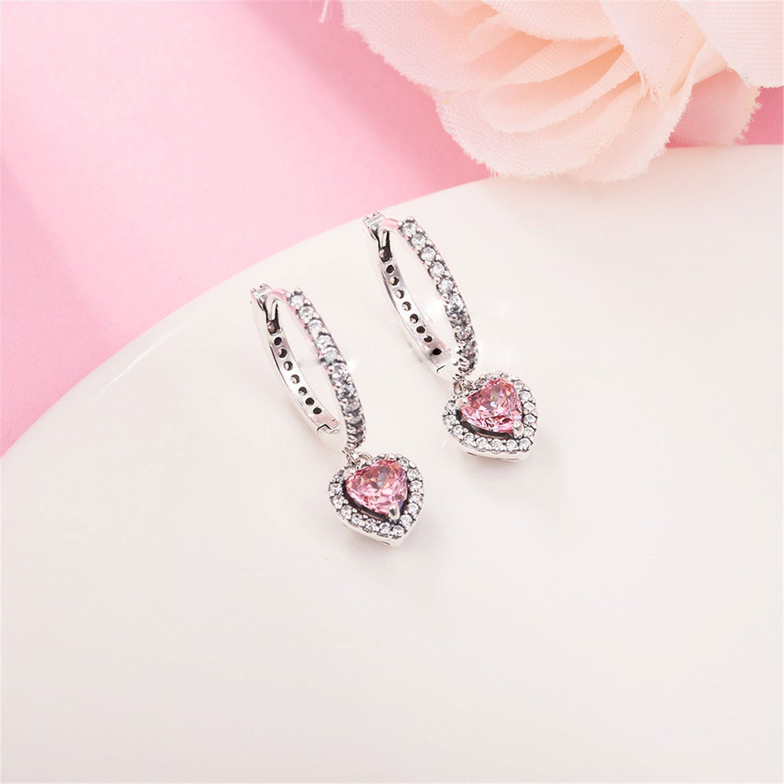 925 Sterling Silver Sparkling Halo Heart Hoop Earrings Fits European Pandora Style Jewelry Fashion Earrings