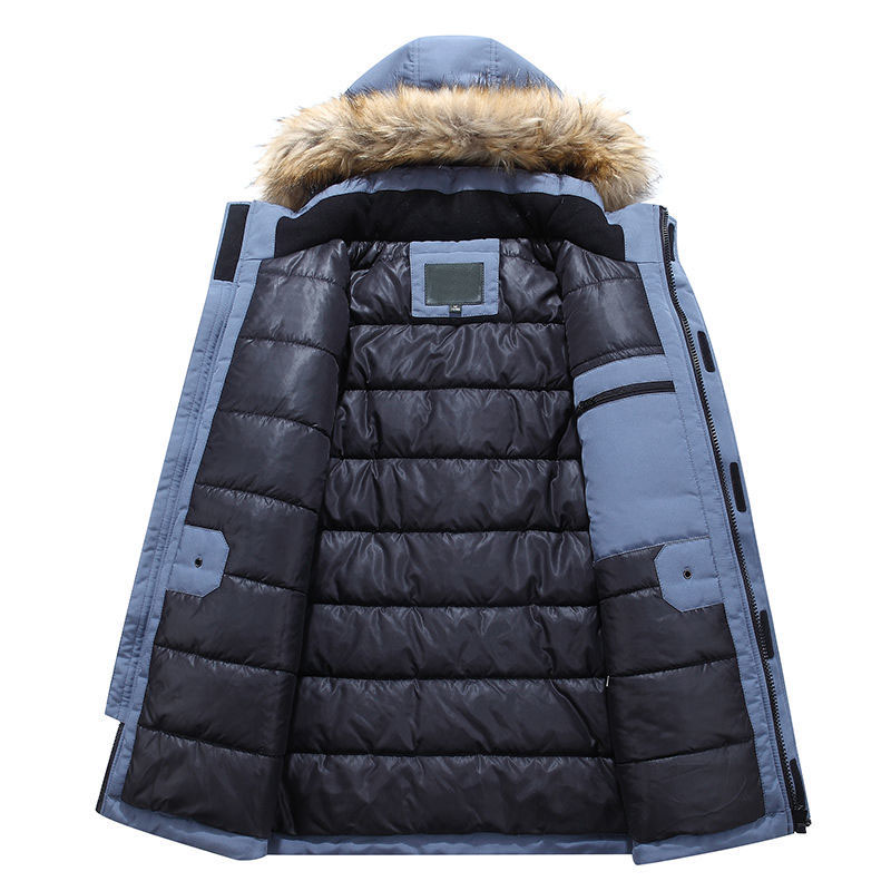 디자이너 남성 블랙 모피 코트 다운 재킷 겨울 패션 파카 방수 방풍 패브릭 두꺼운 자수 어깨 끈 따뜻한 클래식 코트