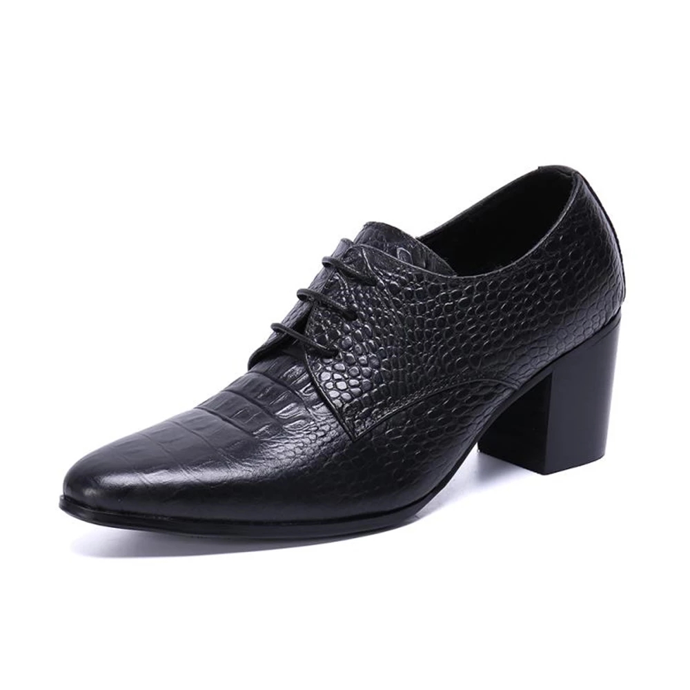 Plus Size 37-46 Mens Leather Shoes High Heels Black Snake Skin Oxford Lace Up Derby Office Dress Shoes