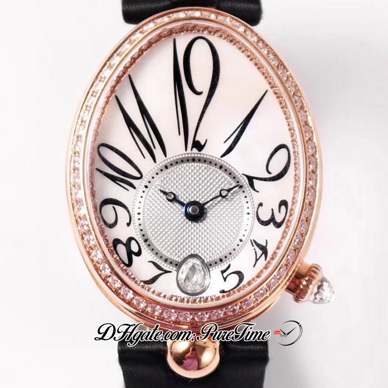 Reine de Naples 8918BR A537 Orologio automatico da donna TWF Diamanti Lunetta Oro rosa MOP Quadrante testurizzato argento Tessuto nero Pelle Super Edition Orologi da donna Puretime 2