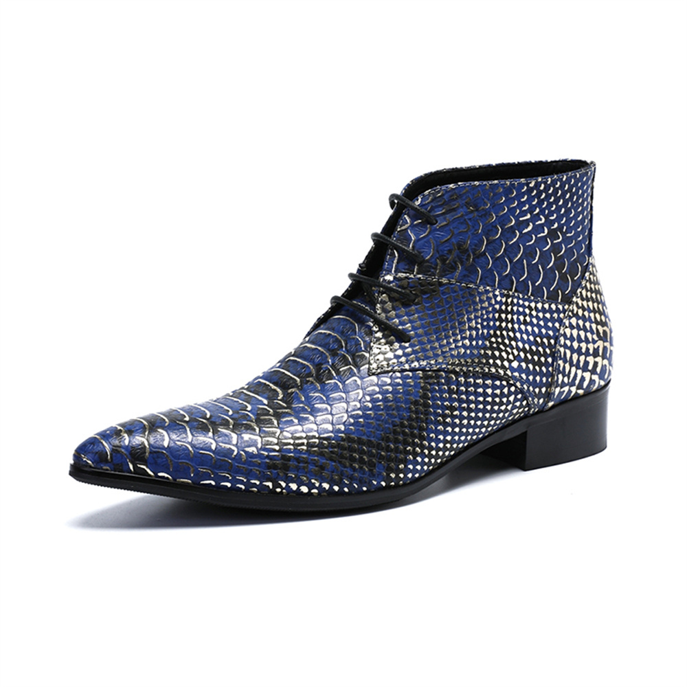 Python Pattern Print Men Club Party Dress Boots Cuir véritable bout pointu Bottines à lacets