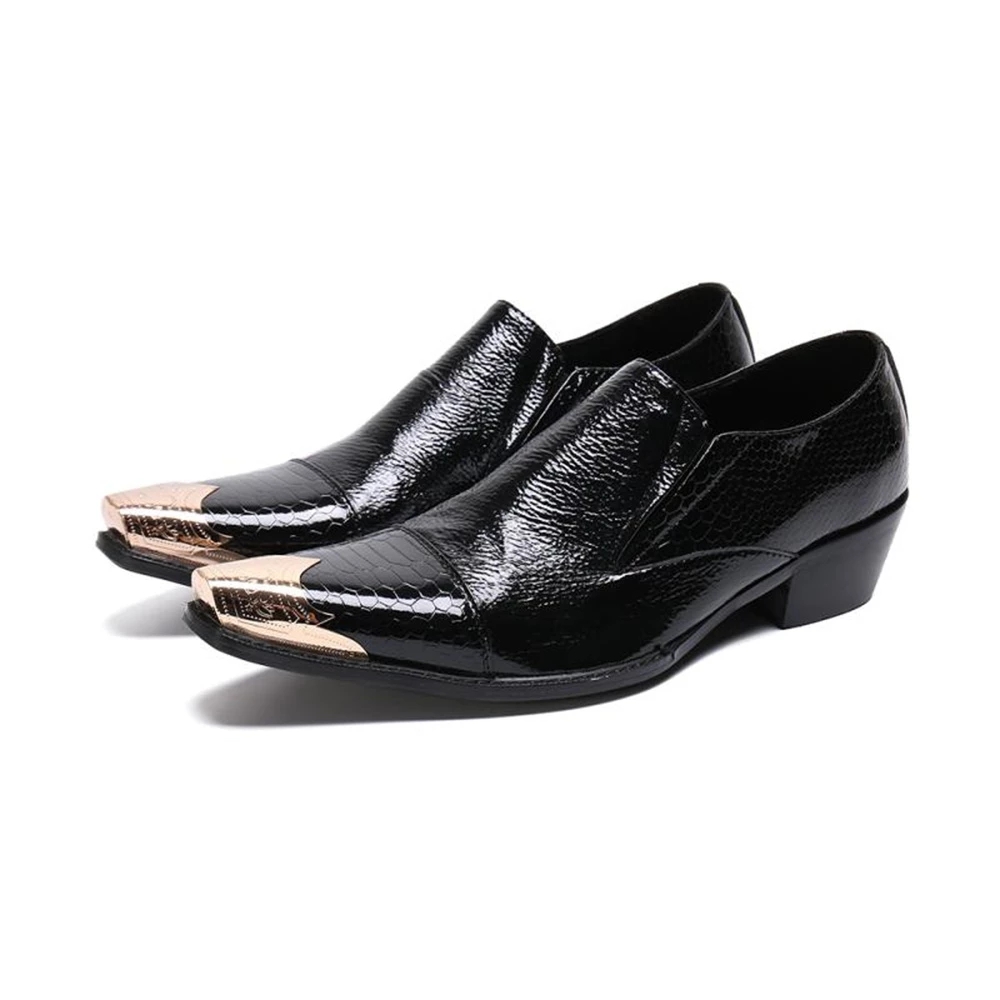 Mens Dress Shoes Black Patent Leather Shoes Gold Pointed Toe Crocodile Pattern Loafers Prom Elegant Wedding High Heels